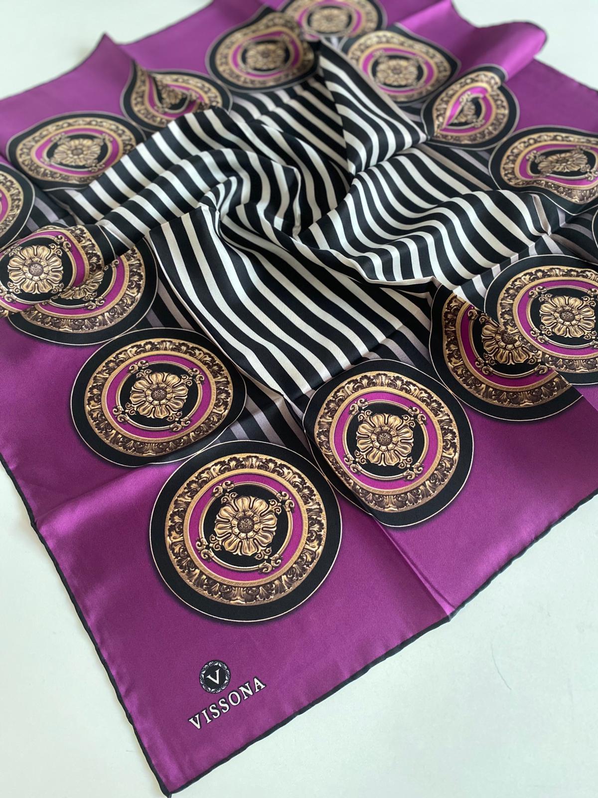 Vissona Tivil İpek Eşarp 14277 - 0001 - 0026 Mürdüm Siyah Batik Desen