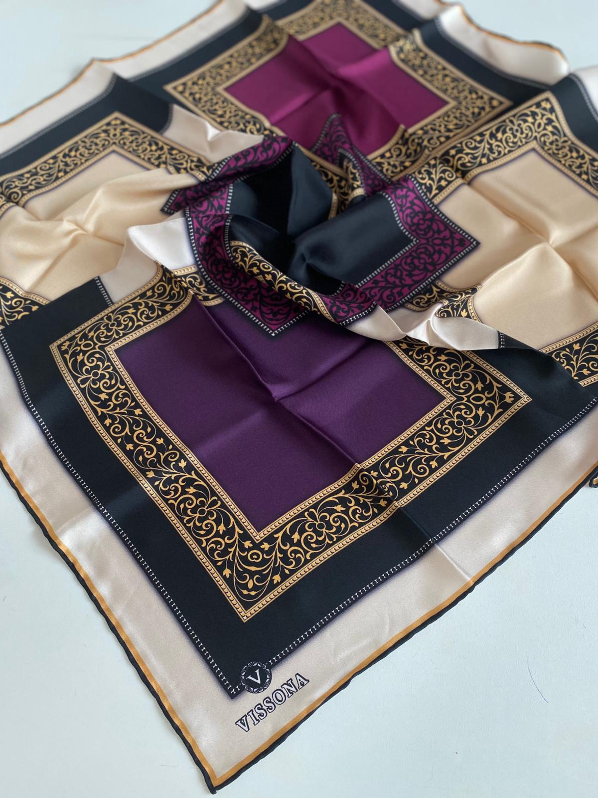 Vissona Tivil İpek Eşarp 17202 - 9 - 0026 - 0001 Siyah Mürdüm Batik Desen