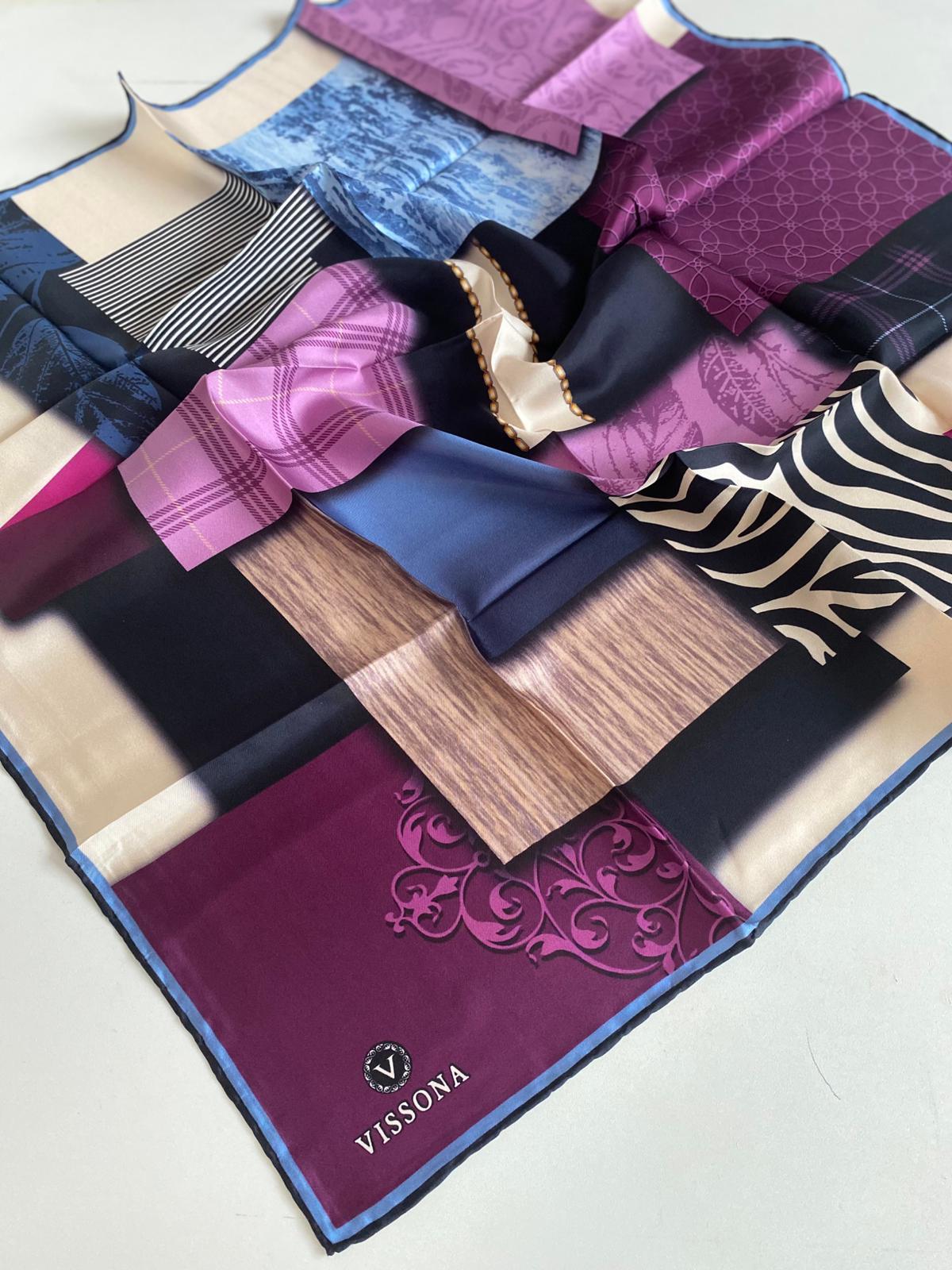 Vissona Tivil İpek Eşarp 17206 - 0026 - 0032 Mürdüm Saks Batik Desen