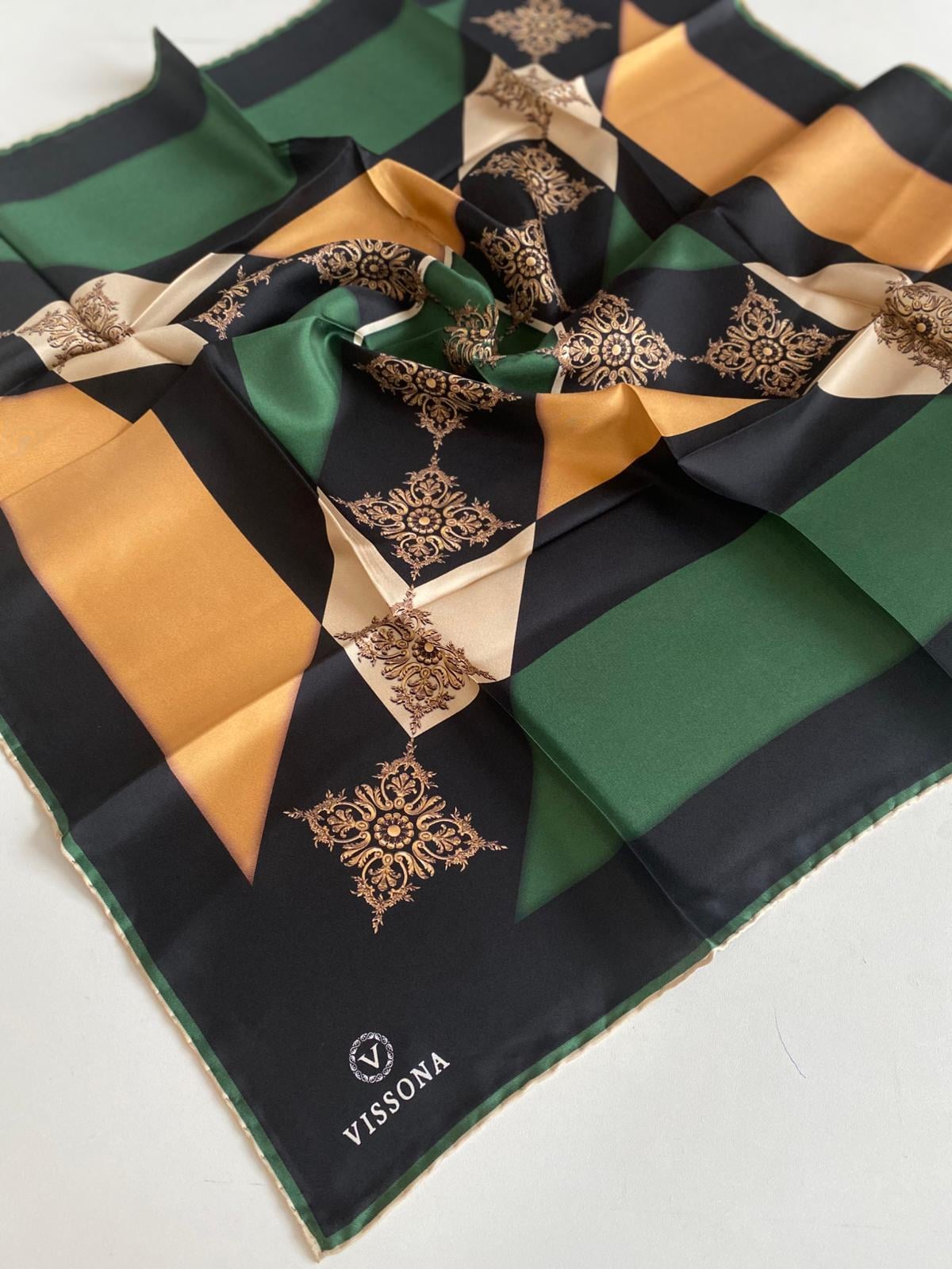 Vissona Tivil İpek Eşarp 17384 - 8 - 0036 - 0009 Yeşil Siyah Batik Desen