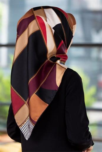 Vissona Tivil İpek Eşarp 17428 - 0018 - 0009 Bordo Hardal Geometrik Desen