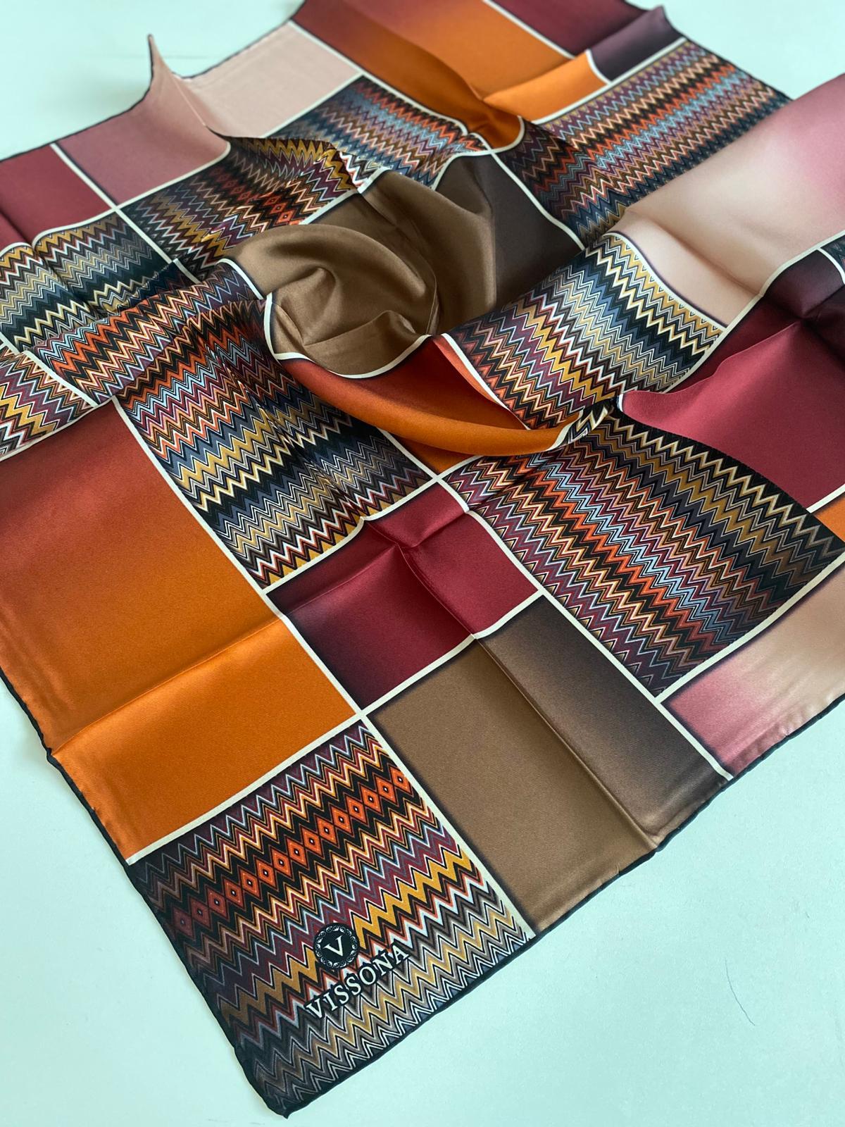 Vissona Tivil İpek Eşarp 17532 - 0014 - 0018 Taba Bordo Batik Desen