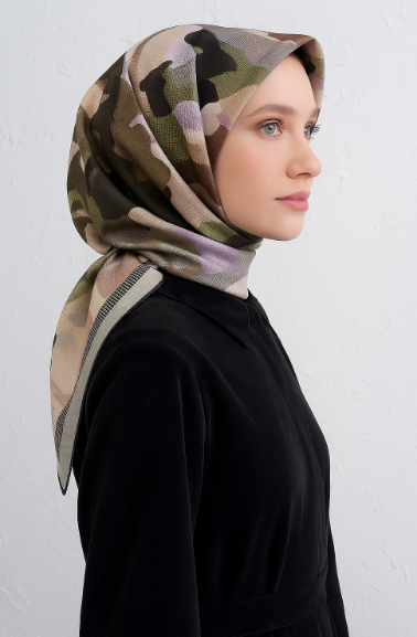 Vissona Tivil İpek Eşarp 50128 -  0037 - 0022 Haki Lila Armürlü Desen