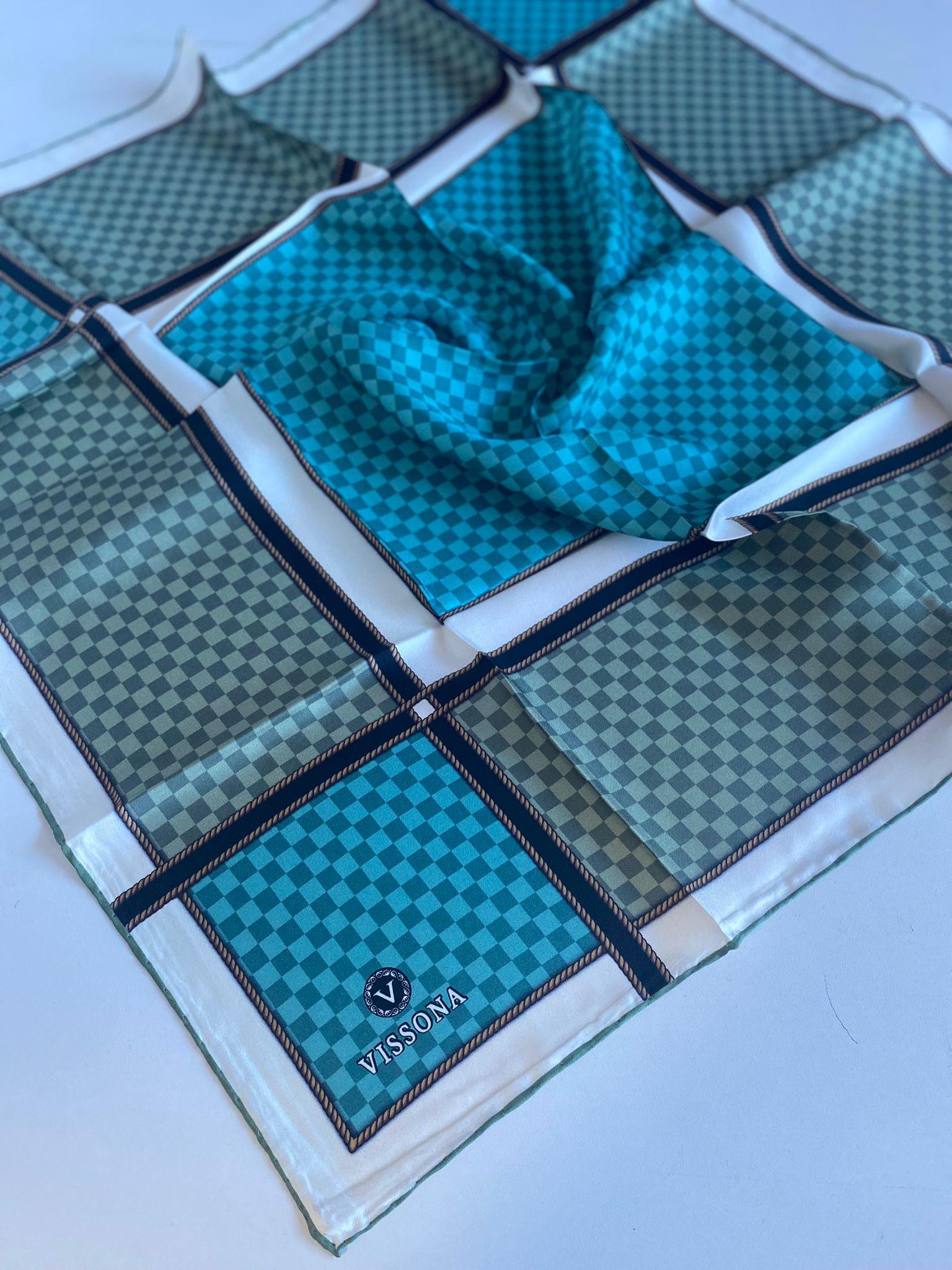 Vissona Tivil İpek Eşarp 50390 - 0037 - 0034 Mint Yeşili Ekose Desen
