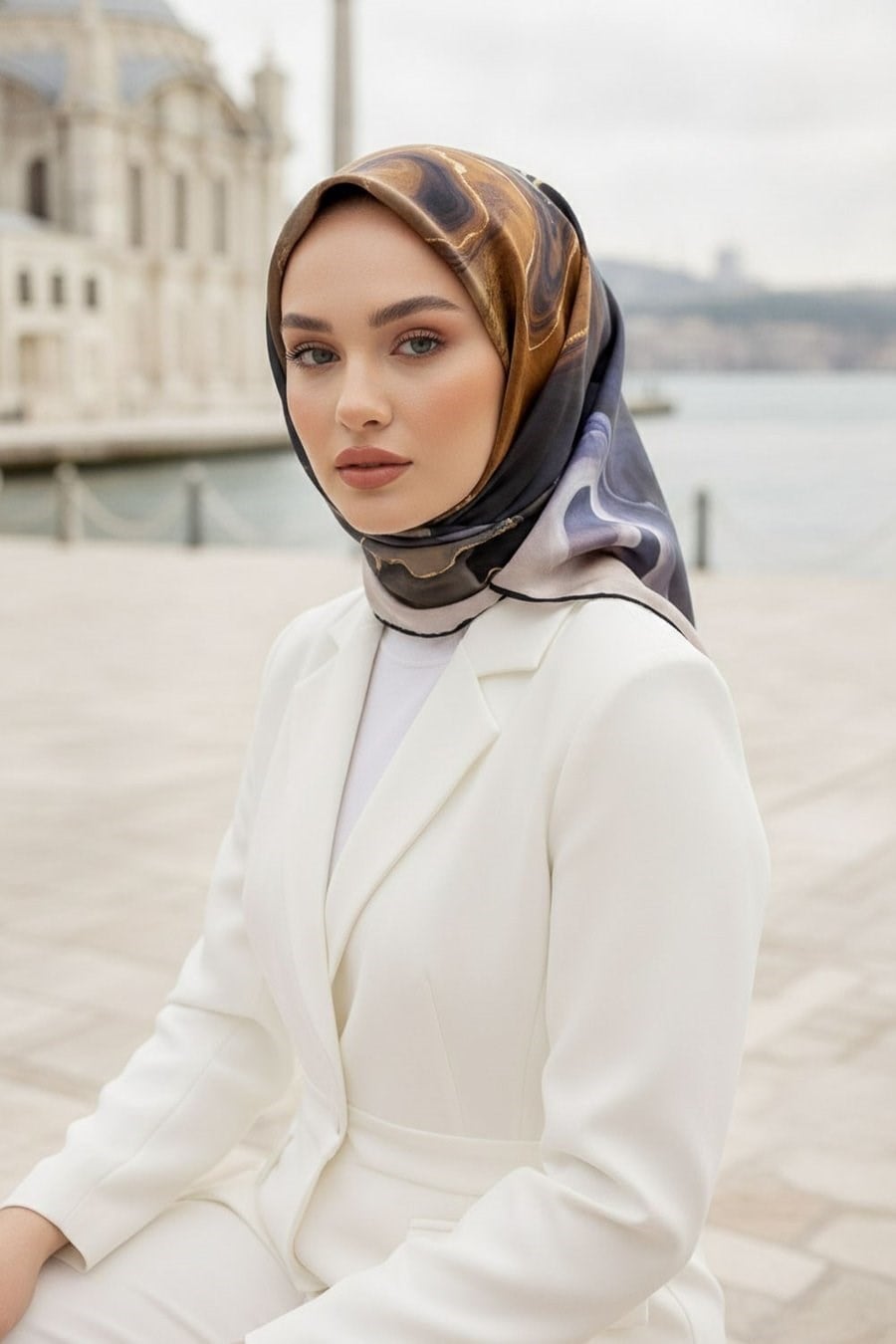Vissona Tivil İpek Eşarp 50505- 08  Lacivert Batik Desen