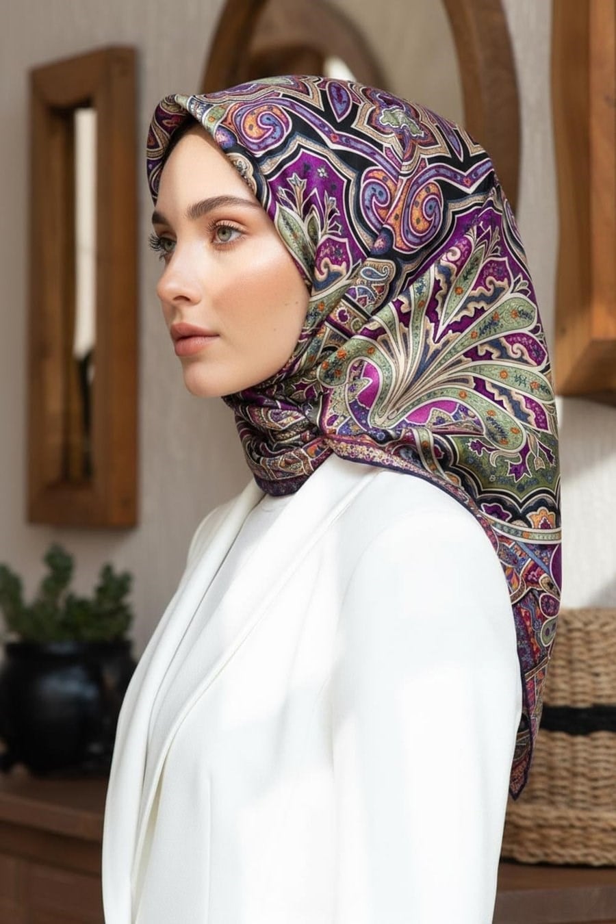 Vissona Tivil İpek Eşarp 60864 08 Lacivert Haki Etnik Desen