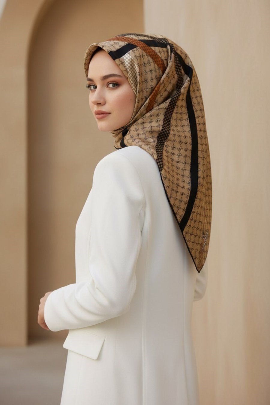 Vissona Tivil İpek Eşarp DGN50346 - 4 - 0004 - 0001 Bej Siyah Monogram Desen