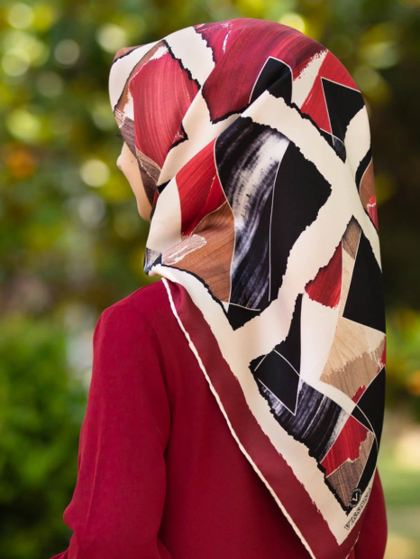 Vissona Tivil İpek Eşarp IST 17542- 5 Bordo - Bej Geometrik Desen