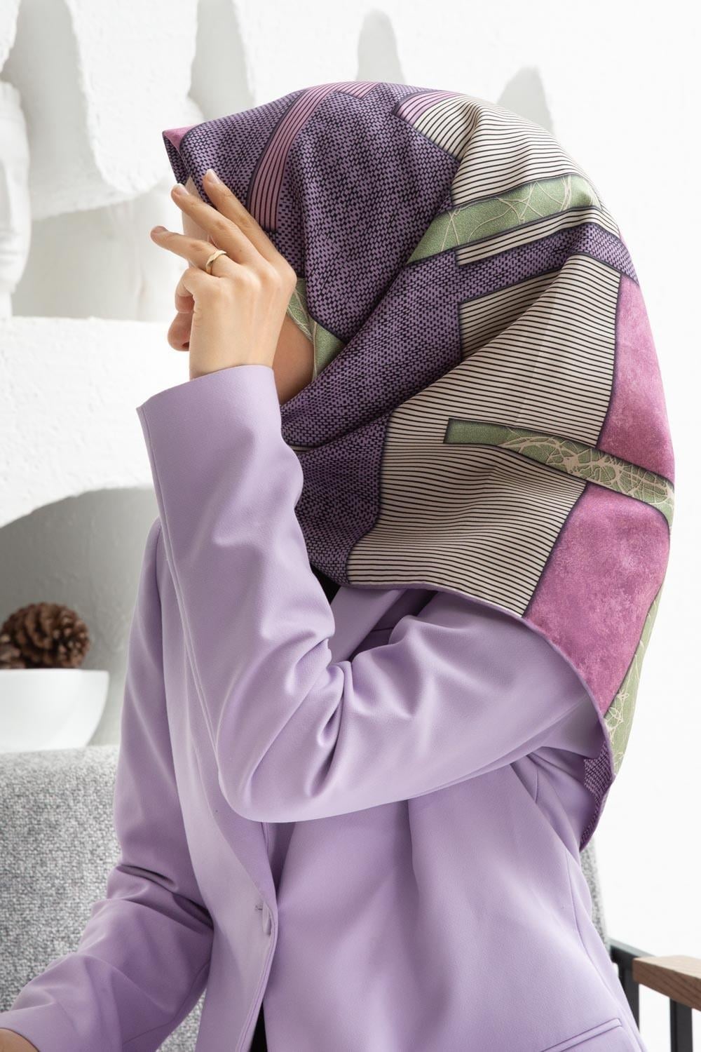 Vissona Tivil İpek Eşarp IST 60785 - 10 Lila Geometrik Desen