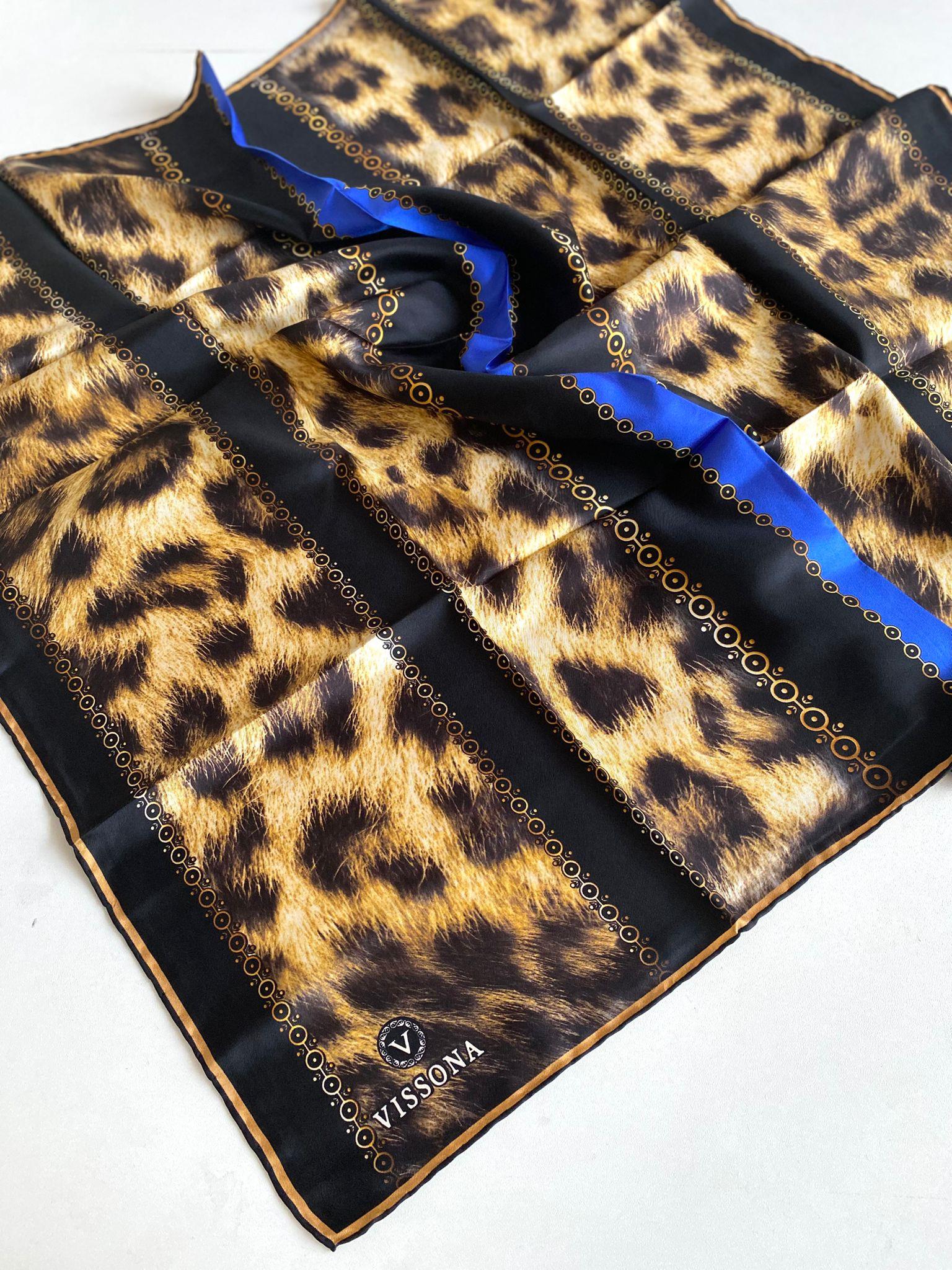 Vissona Tivil İpek Eşarp 17565 - 0032 - 0001 Saks Siyah Leopar Desen