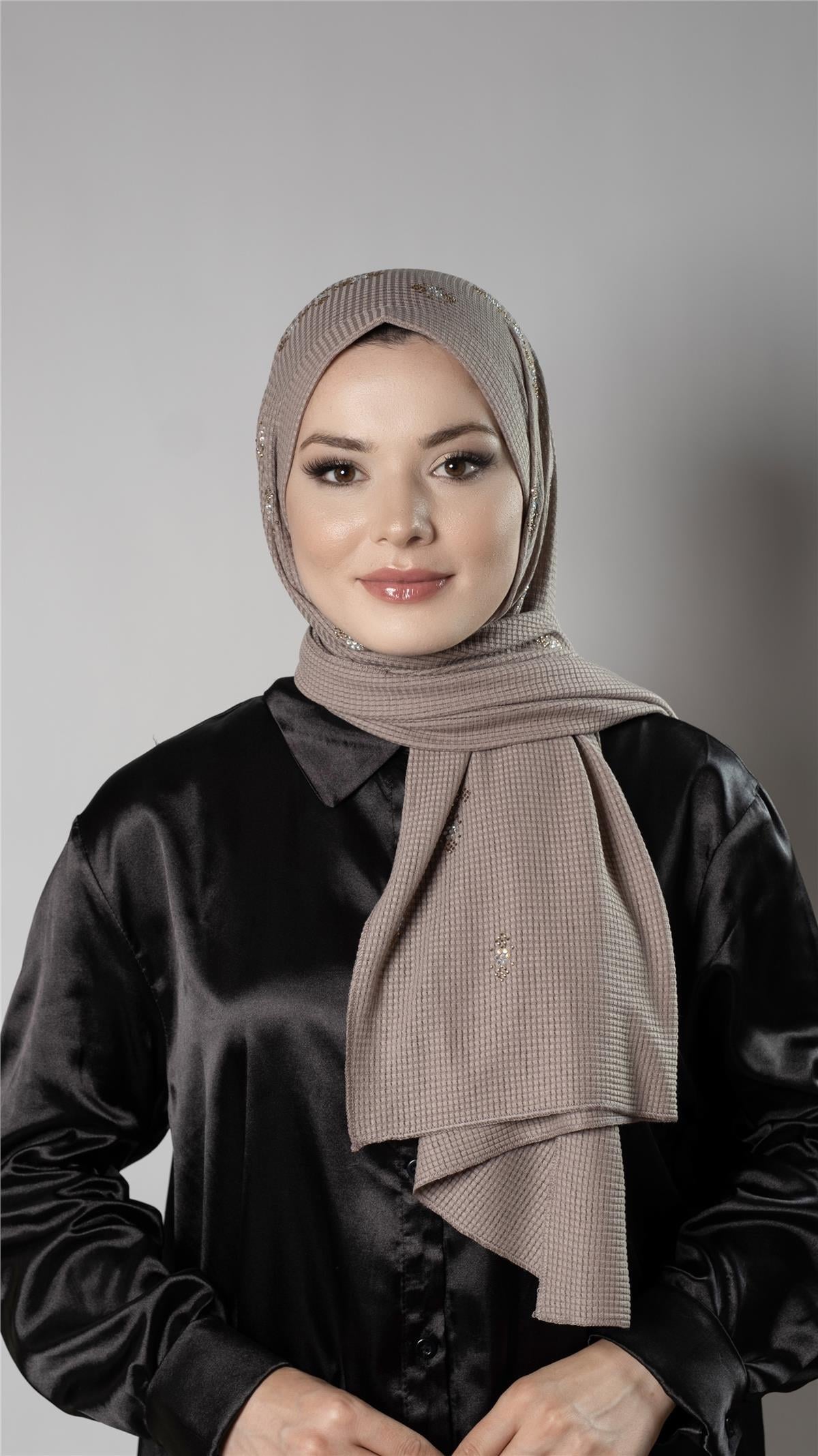 Vizon Pratik Hazır Geçmeli Tesettür Şal Örme Kumaş Taşlı Çiçek Desenli  2118C_10