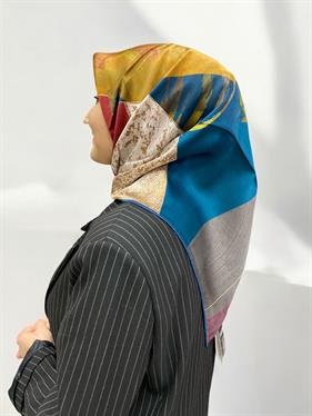 Aker Sura İpek Eşarp 38505 Petrol Mavi Karışık Desen