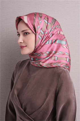 Armine Jakarlı Saf İpek Eşarp 9607 06 Pembe Kemer Desen 