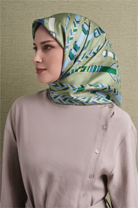 Armine Jakarlı Saf İpek Eşarp 9607 81 Soft Yeşil Kemer Desen 