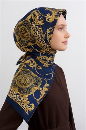 Armine Sura Saf İpek Eşarp 9411 - 36 Lacivert Leopar Desen
