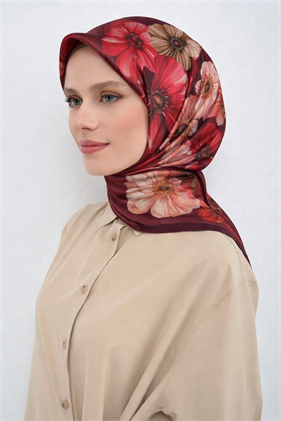 Armine Sura Saf İpek Eşarp 9503 - 32  Kırmızı Çiçek Desen