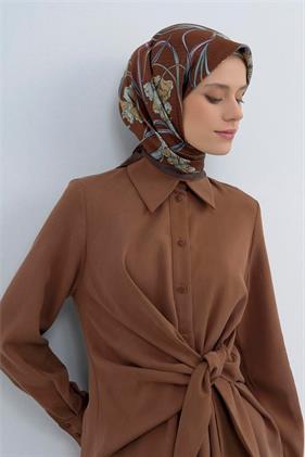 Armine Sura Saf İpek Eşarp 9512 - 54 Kahverengi Batik Desen