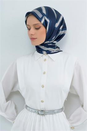 Armine Sura Saf İpek Eşarp 9547 - 84 Lacivert Simetrik Desen