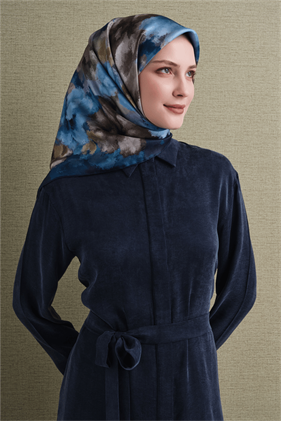 Armine Sura Saf İpek Eşarp 9613 02 Lacivert Çiçek Desen 