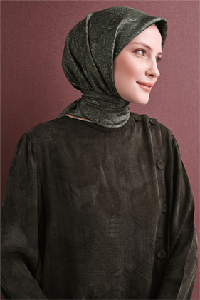 Armine Sura Saf İpek Eşarp 9631 52 Haki Etnik  Desen 