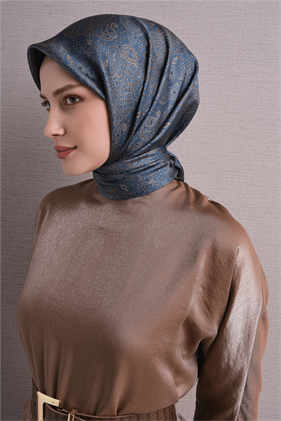 Armine Sura Saf İpek Eşarp 9631 80 İndigo Etnik  Desen 