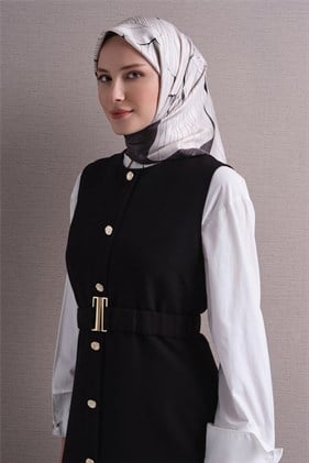 Armine Sura Saf İpek Eşarp 9639 03 Krem Antrasit Çiçek Desen 