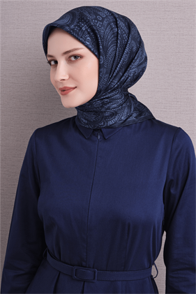 Armine  Sura Saf İpek Eşarp 9640 80 Lacivert Mavi Etnik Desen 