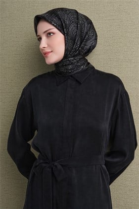 Armine  Sura Saf İpek Eşarp 9640 81 Siyah Antrasit Etnik Desen 