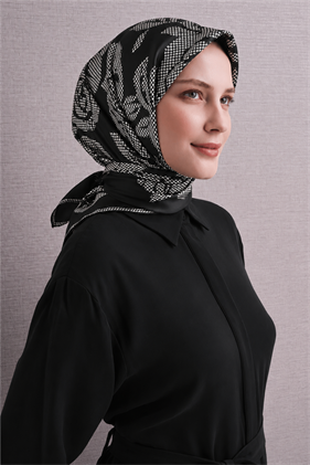 Armine Sura Saf İpek Eşarp 9645 50 Siyah Çiçek Desen 