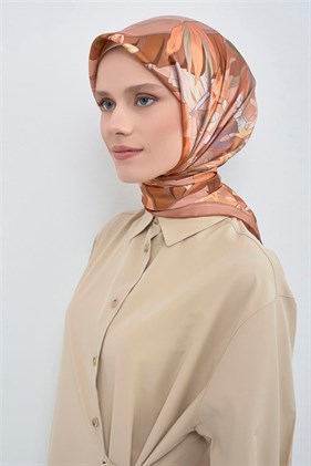 Armine Tivil Saf İpek Eşarp 9500 - 51 Somon Çiçek Desen