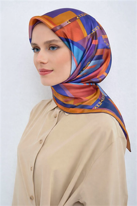 Armine Tivil Saf İpek Eşarp 9521 - 54 Turuncu Turkuaz Batik Desen
