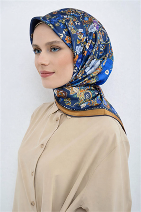Armine Tivil Saf İpek Eşarp 9535 - 02 Mavi Turuncu Batik Desen