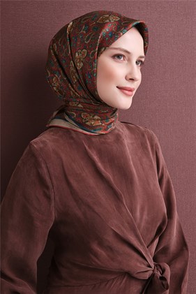 Armine Tivil Saf İpek Eşarp 9609 03 Kırmızı Etnik Desen 