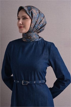 Armine Tivil Saf İpek Eşarp 9609 34 Mavi Etnik Desen 