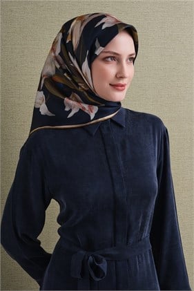 Armine Tivil Saf İpek Eşarp 9620 04 Lacivert  Çiçek  Desen 