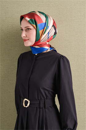 Armine Tivil Saf İpek Eşarp 9633 33 Kırmızı Saks Mavi Geometrik Desen 