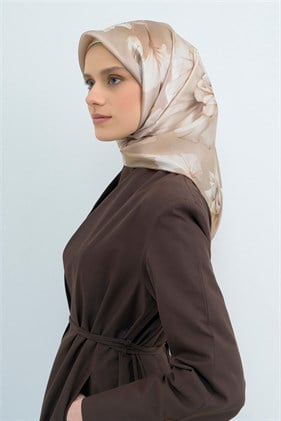 Armine Tivil Saf İpek Eşarp IST 9505 - 85 Açık Vizon Çiçek Desen
