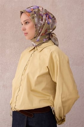 Belli Fresh Haki Lila Turuncu Paulista Eşarp Çiçek Desen