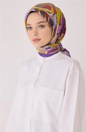 Belli Tivil İpek Eşarp 4054-34 Mor Karışık Desen 