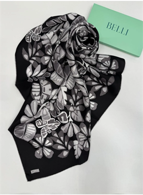 Belli 2025 Yaz Sura Saf İpek Eşarp IST4114D-01 Siyah Karışık Desen 