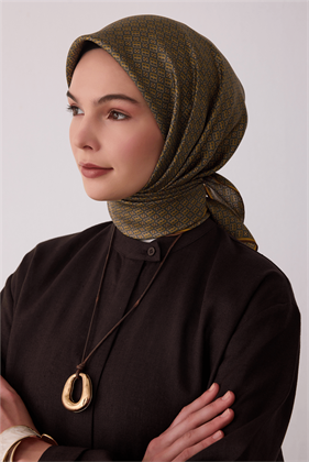 Belli Tivil İpek Eşarp Yeşil Hardal Sarı 4418 52 Monogram Desen