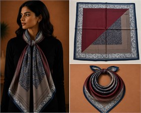 Bordo Lacivert Soyut Desenli İpek Fular