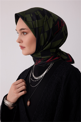 Bordo Tivil İpek Eşarp Haki Siyah 4411 50 Geometrik Desen