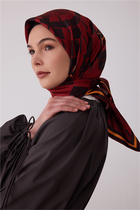 Bordo Tivil İpek Eşarp Kahverengi 4411 82 Geometrik Desen