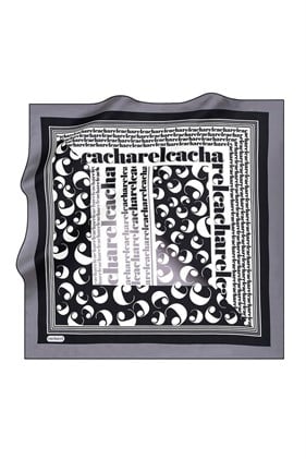 Cacharel Saf Tivil İpek Eşarp 8387313 -919 Siyah Beyaz Slogan Desen