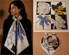 Ekru Mavi Sarı Çiçek Desenli İpek Fular