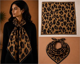 Kahverengi Siyah Leopar Desenli İpek Fular