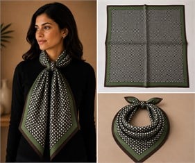 Kahverengi Yeşil Geometrik Desenli İpek Fular