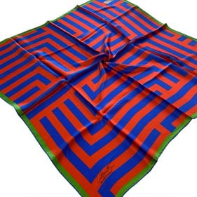 La Boutique Az Hatalı Sura Saf İpek Eşarp 54803 Saks Mavisi - Turuncu Geometrik Desen 