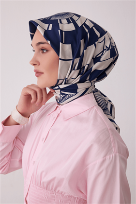 Lacivert Tivil İpek Eşarp Ekru 4411 59 Geometrik Desen